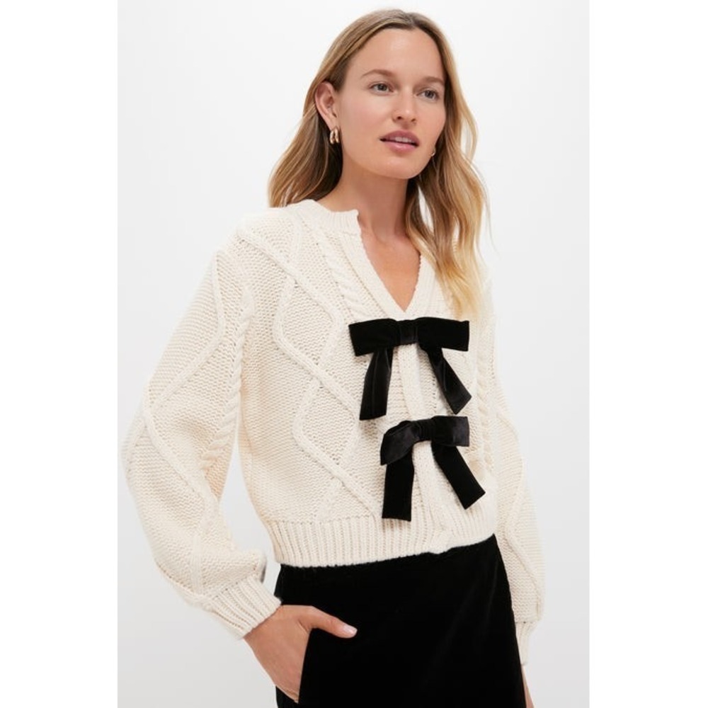 Hyacinth House Womens Knit Cardigan Cream/Black Size L Velvet Bows Bess Snap Up